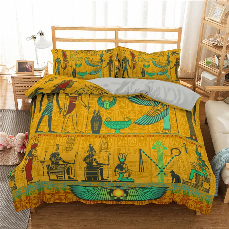 Egyptian Bedding Set Exotic Tribal Retro Theme Ancient Egypt Civilization Characters Duvet Cover Boho Animals Floral Pillowcases 