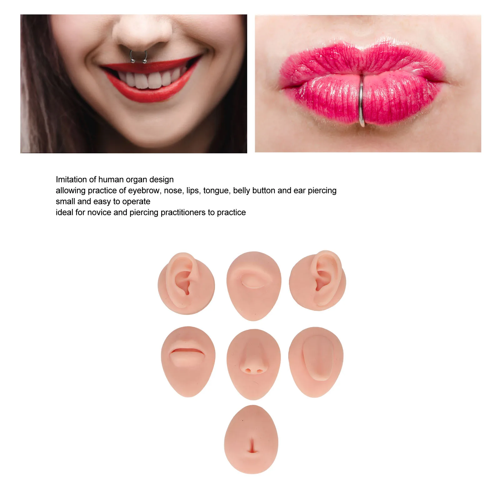 Body Piercing Practice Model Simulation Silicone Ear Eye Nose Mouth Tongue and Belly Button Model for Novice Piercer body piercing practice model
