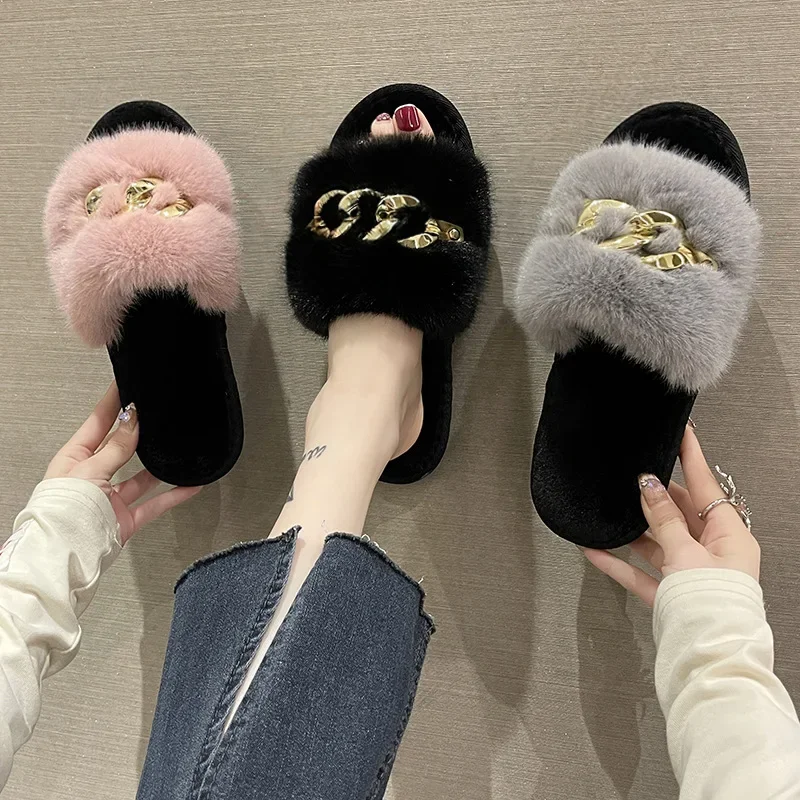 New autumn and winter metal chain hairy slippers fashionable and warm large fur flat heel cotton slippers — view 2