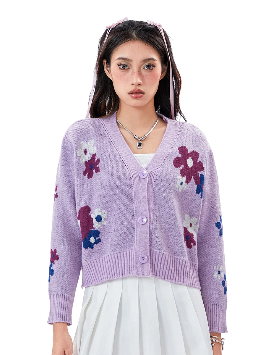 

Women's Long Sleeve Cardigan, Cartoon Flower Print V-Neck Loose Front Button Knit Sweater Coat