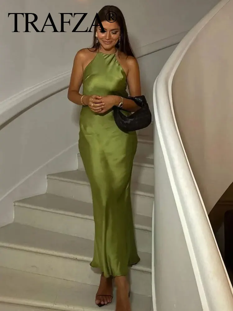 HH Dresses For Women Summer Fashion Solid Satin Long Dress Halter Backless Sexy Lady Elegant Evening Dress Vestido De Mujer
