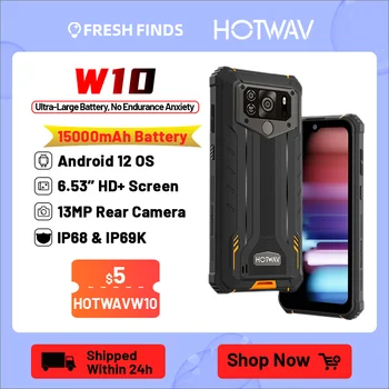 HOTWAV Rugged Large Battery Smartphone Android 12 Mobile Phone 13 MP Camera Cellphone W10 IP68 IP69K 6.53'' HD+ 4GB 32GB 1