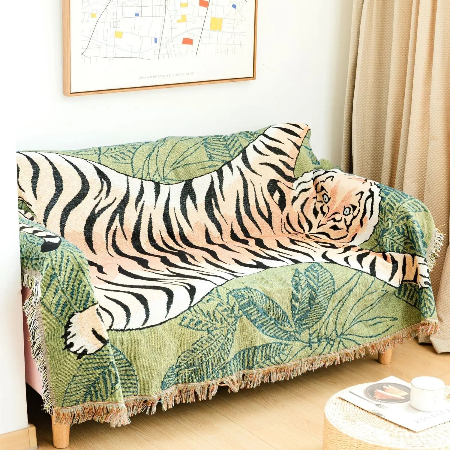 

Cartoon Leaf Tiger Throw Blanket Nordic Home Decorate Sofa Cover Sofa Towel Knitted Tassel Tapestry Camping Picnic Mat