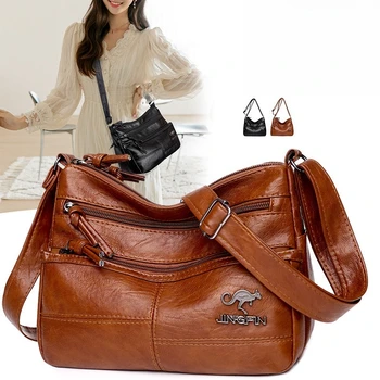 Borsa a tracolla da donna in pelle PU con cuciture, semplice, retrò, multitasche, di grande capacità, per pendolari e viaggi.