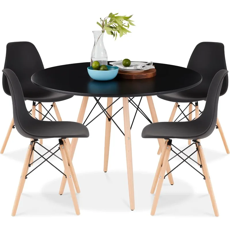 

5-Piece Dining Set, Compact Mid-Century Modern Table & Chair Set for Home, Apartment w/ 4 Chairs, Plastic Seats, Wooden Legs