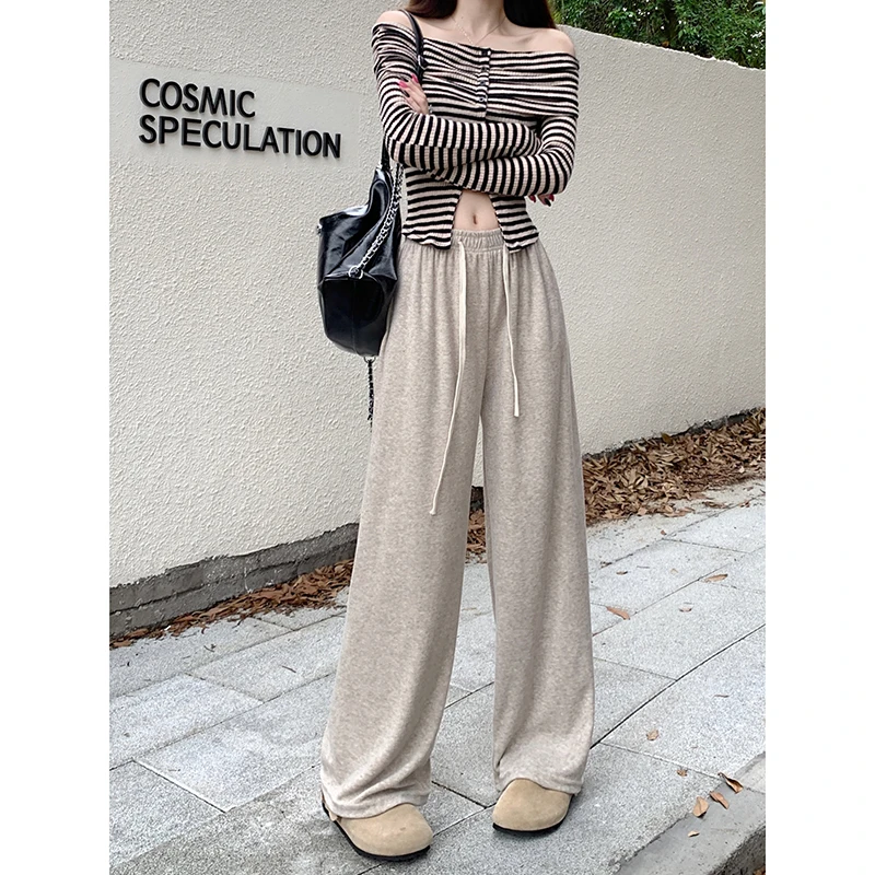 Winter Autumn Women Pants High Elastic Waist Loose Wide Hem Soft Knit Trousers for Girls