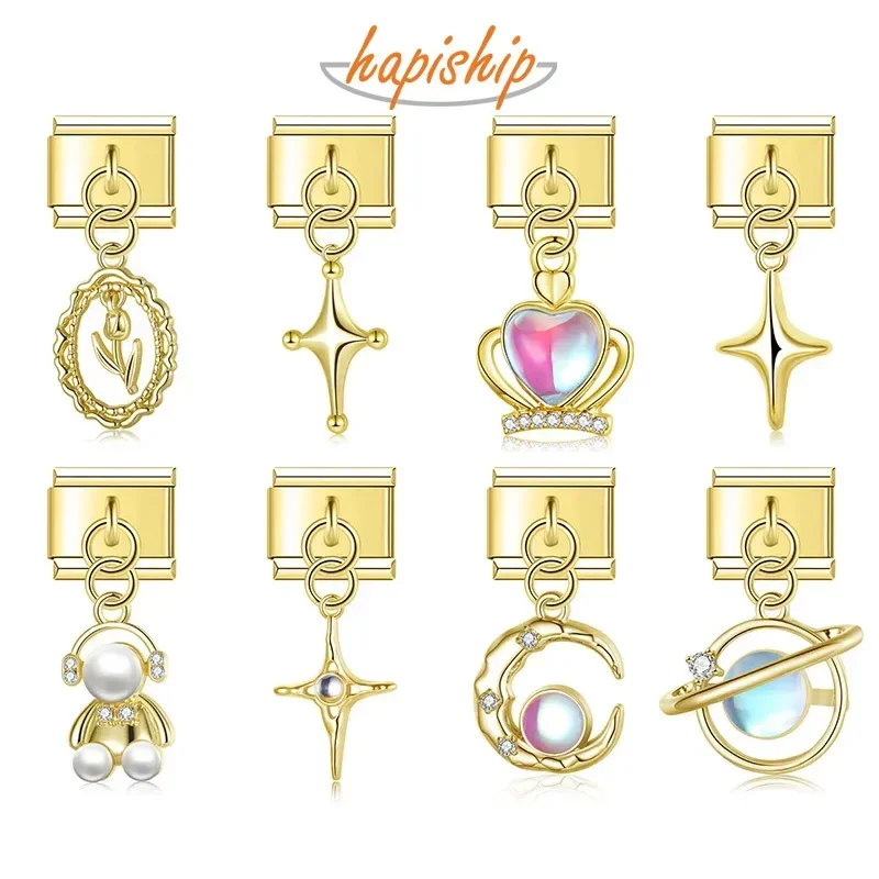 Charm Bracelet Hapiship Daisy Cross Heart Moon Crown CZ Italian Charm Fit 9mm Bracelet Stainless Steel Jewelry Making DJ804