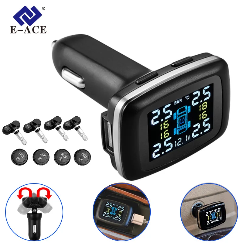 E-ACE Car TPMS Cigarette Lighter Charging Auto Tire Pressure Alarm Monitor System Display Tyre Pressure Temperature Secure Alarm