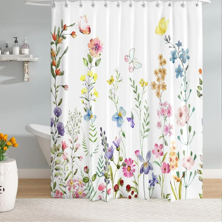 Colorful Floral Butterfly Waterproof Shower Curtain