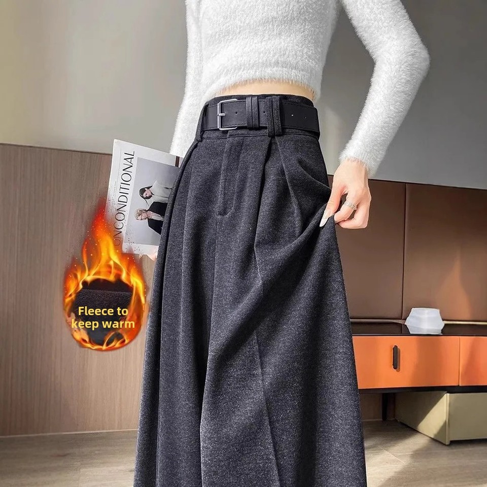 Thickened Fleece-Lined Grey Woolen Bell Bottoms Women's Korean Style Fashionable Autumn/Winter High-Waisted Slimming Straight-Le