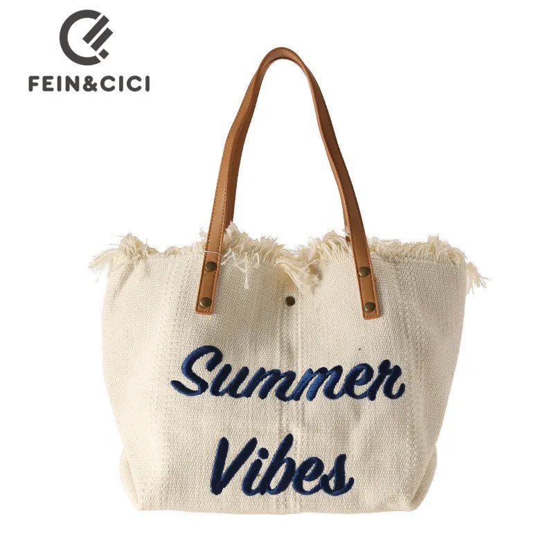 Women designer beach bag brand embroidery canvas Shopper top handle tote  handbag large capacity tassel shoulder bag - AliExpress