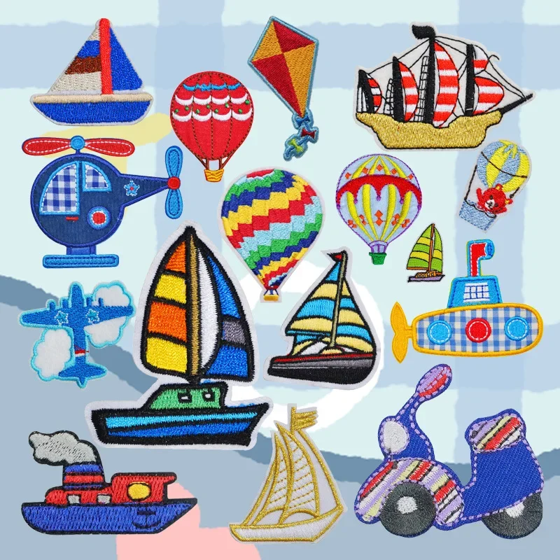

Traffic Transportation Cartoon Embroidery Iron on Patch Collection Boat Car Helicopter Submarine Plane Hot Air Balloon Appliques