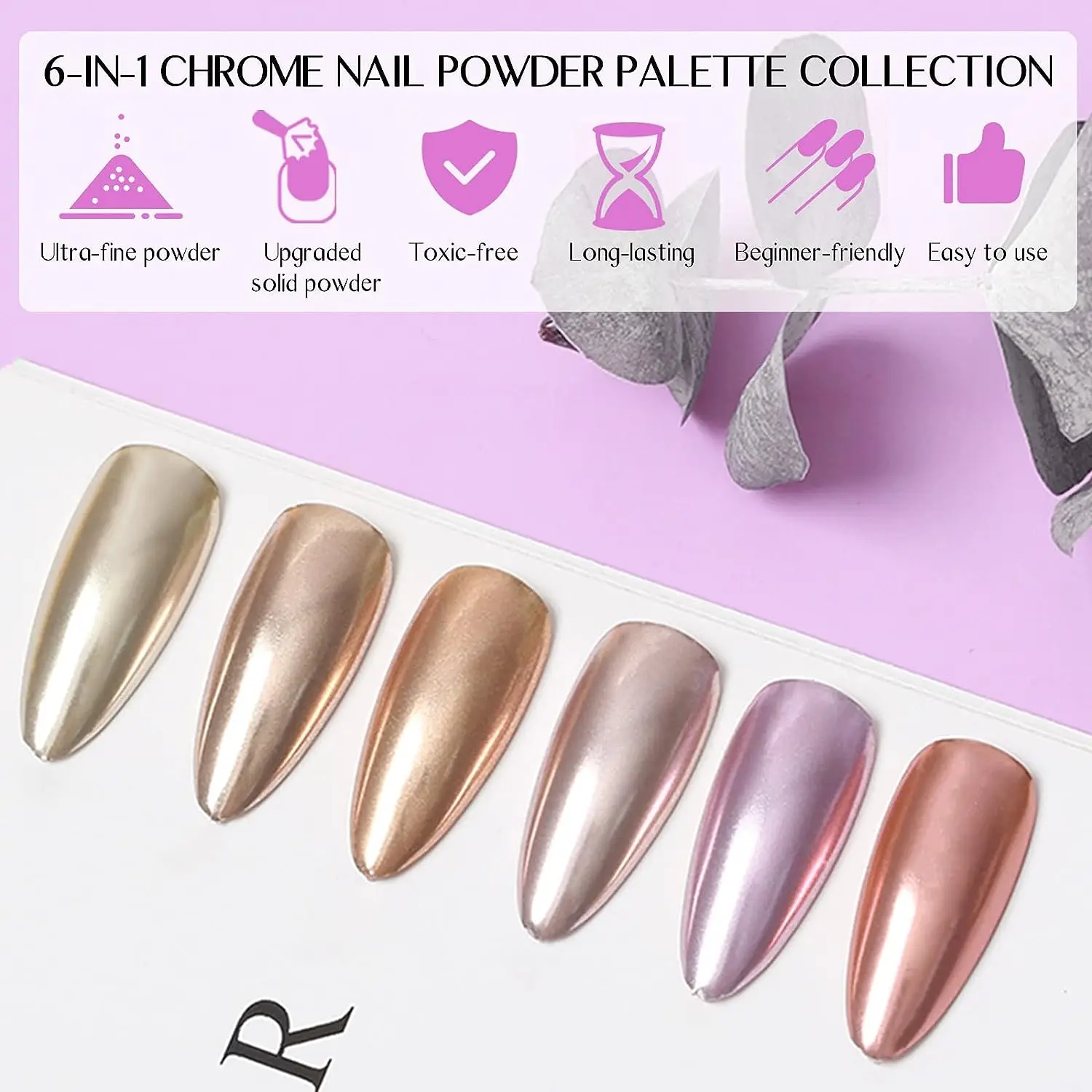 6 in 1 Solid Chrome Nail Powder 6 Colors Mirror Metallic Gold Nail Chrome Powder for Palette Pigment Glitter nail powder nail pigment nail glitter nail decoration nail decorations nail powder set