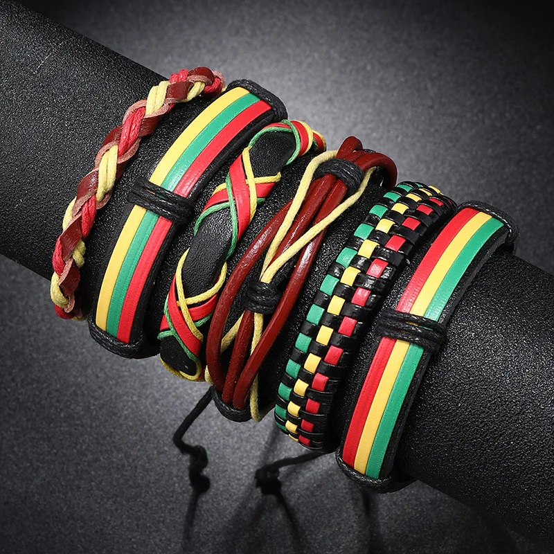 

Mix 6pcs Colorful Braided Leather Bracelet Set Men Vintage Handmade Wrap Bangles Gift Adjust Laceup Wristband