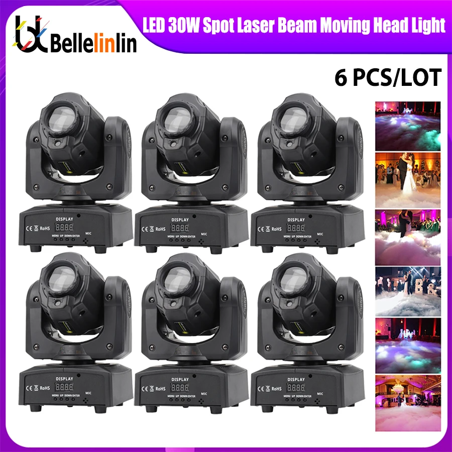 

No Tax 6Pcs Sunart 30W LED Laser Spot Moving Head Stage Effect Lighting For DJ Disco Events Party DMX Lamp 8 Gobos Colors Beam