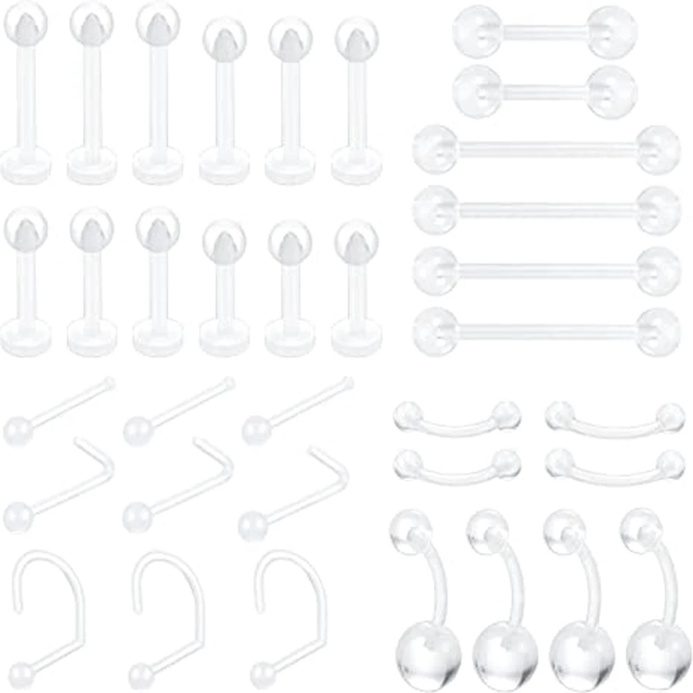 35 Pcs Clear Piercing Retainers Flexible Plastic Tongue Belly Lip Nose