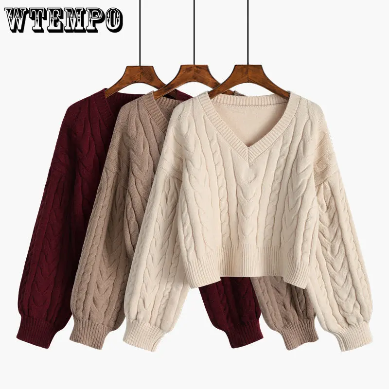 

Women's Sweater Autumn and Winter New V-neck Fried Dough Twist Sweater Y2k Tops Puffy Sleeves Thickened Pullover Knitting Blouse