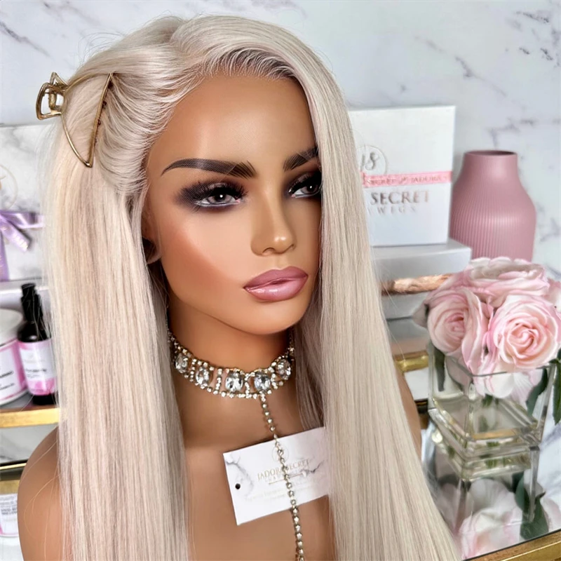 Straight Lace Front Wigs Icy Blonde Synthetic Wig for Woman Glueless HD Soft Lace Frontal Wig Cosplay Party Long Pre pluck