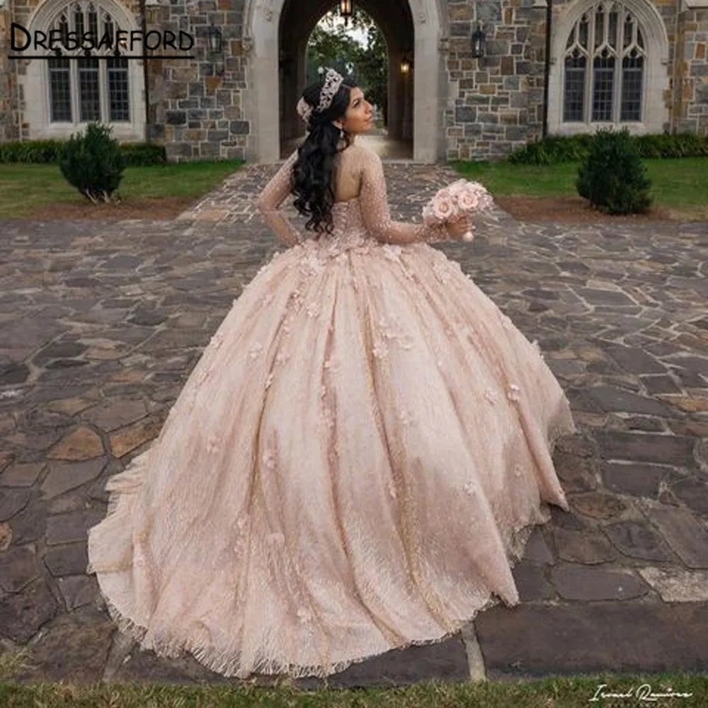 로즈 골드 긴 소매 3D 꽃 Quinceanera 드레스 볼 가운 파란색 된 환상 저녁 공식적인 가운 달콤한 16 Vestidos