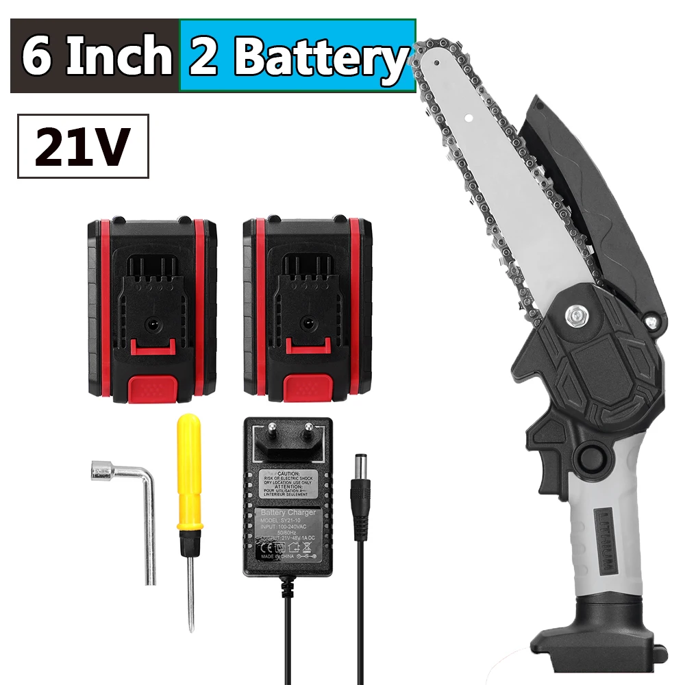 21V 4 Inch/6 Inch Mini Steel Chainsaw Saw Mini Handheld Pruning Saw Portable Woodworking Electric Cutting Tool Garden Mini Chainsaw Electric Chainsaw Electric Saw