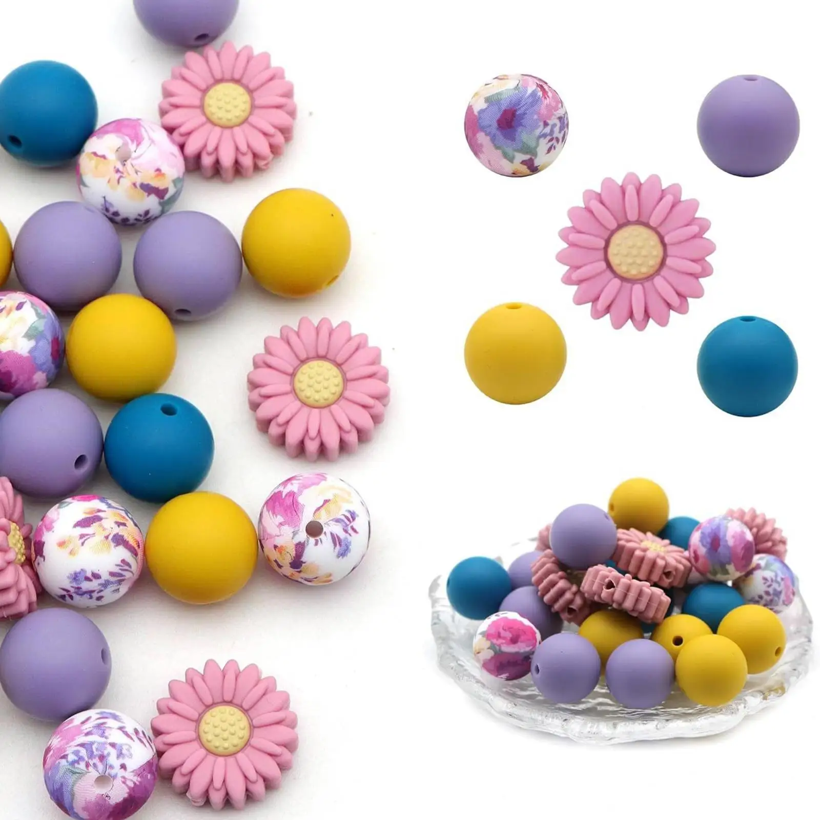 

25x Silicone Beads Bulk Jewelry Making with Hole DIY Silicone Daisy Beads for Handmade Keychain Pendants Bangle Lanyards Anklet