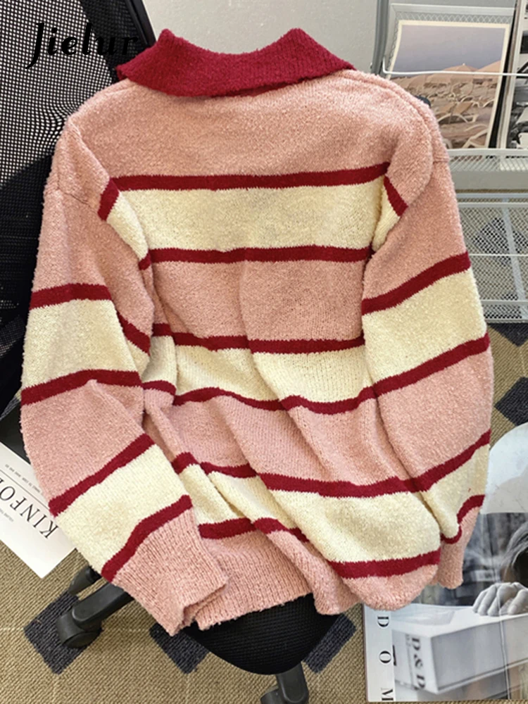 Jielur Autumn Contrast Color Stripe Women Hoodies Casual Loose Street Hoodies Woman Red Green Fashion Knit Sweatshirts Female