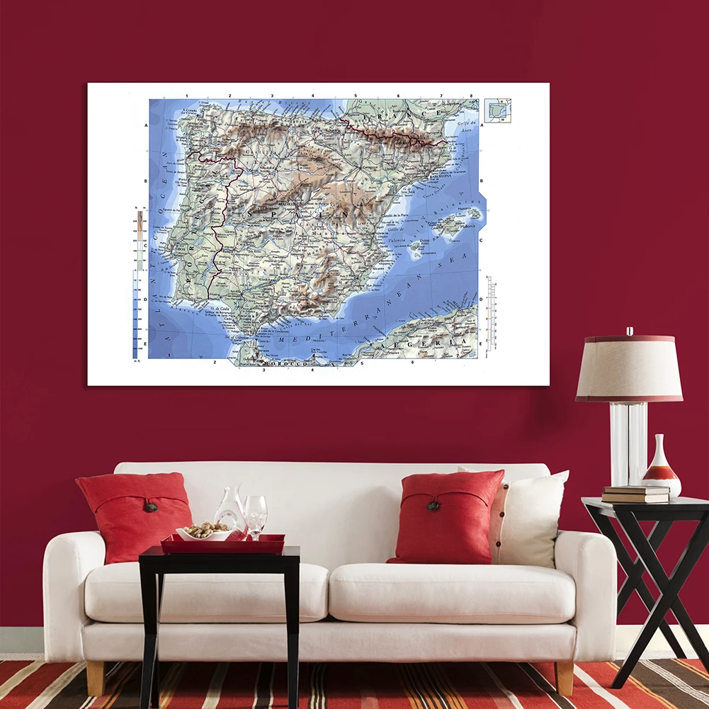 The Spain Terrain Elevation Map In Spanish Non-woven Canvas Painting Wall Art Poster Home Decor School Supplies 225*150cm