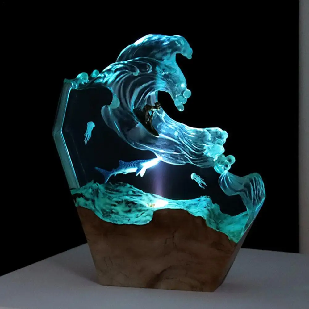 

Home Decoration Bedroom Light Holiday Gift Office Desktop Art Ornaments Sea Wave Diving Solid Wood Resin Small Night Light