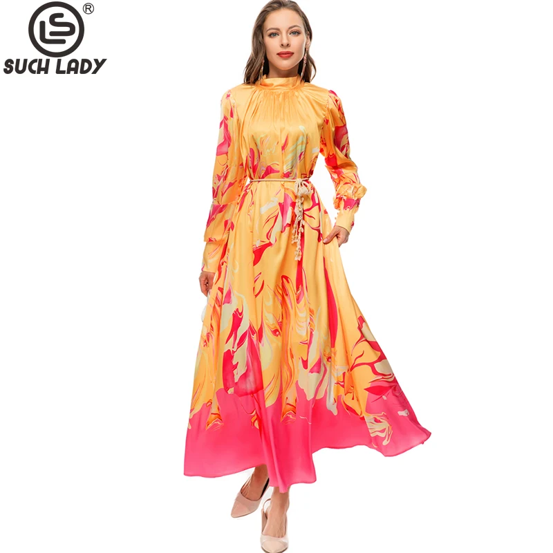 

Women's Runway Dresses O Neck Long Lantern Sleeves Printed Lace Up Designer High Street Fashion Vestidos