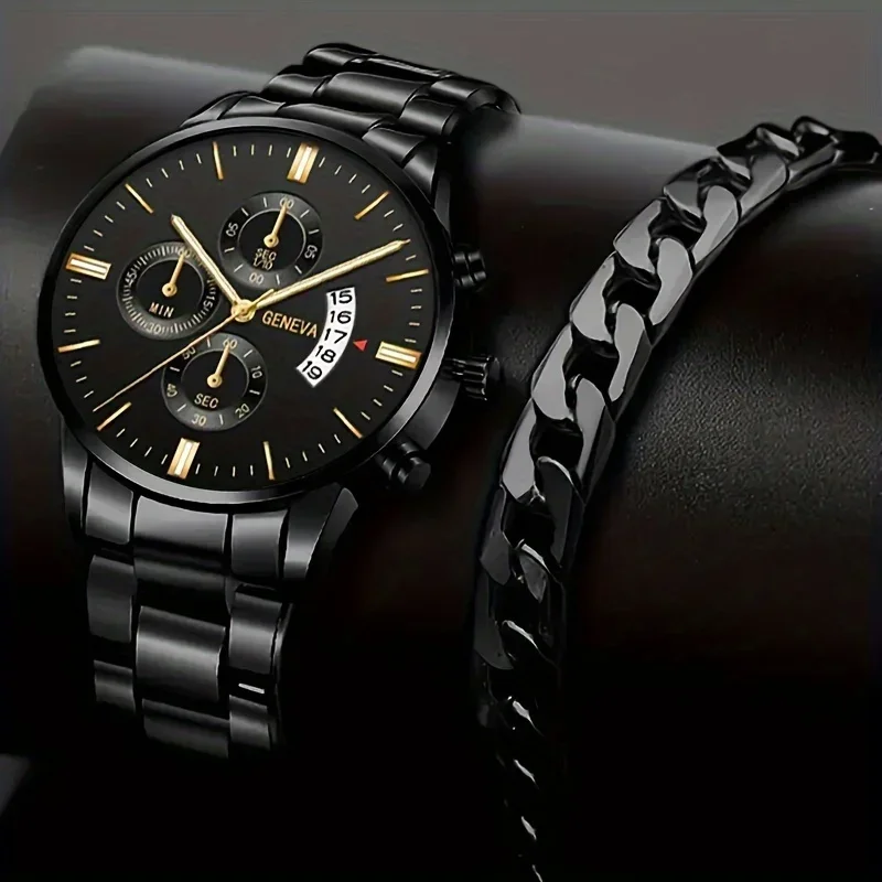 1pc Stainless Steel Men's Quartz Watch and Bracelet Set quartz watch set