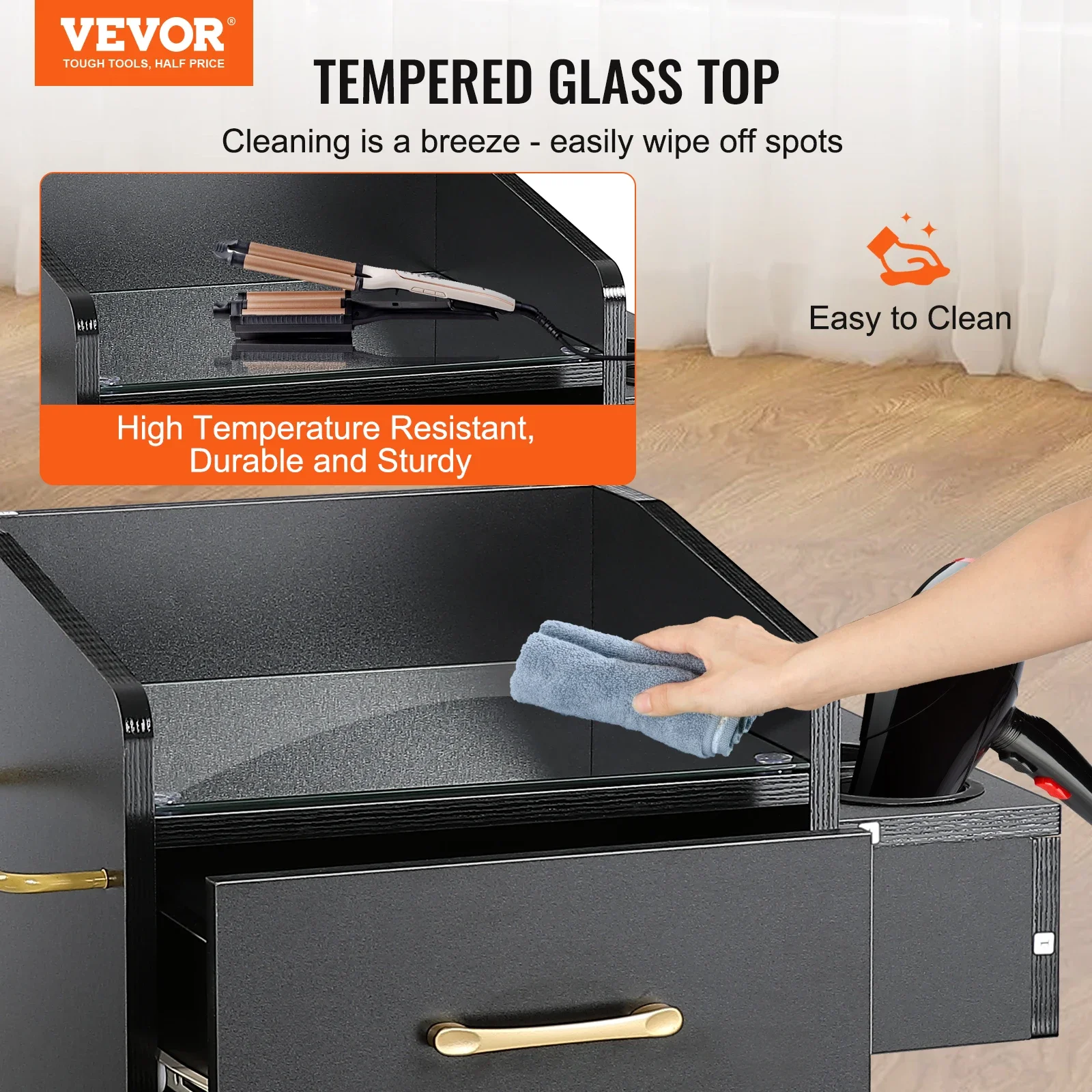 VEVOR Beauty Salon Storage Trolley Cart, Glass Top Hair Salon Station Cabinet for Stylist with Drawer & Dryer Holder 2
