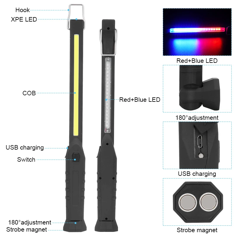 1000LM COB LED Car Emergency Flashlight 3 Lighting Source Work Light 180&deg; Inspection Lamp 4Mode Camping Lantern Red Blue Strobe