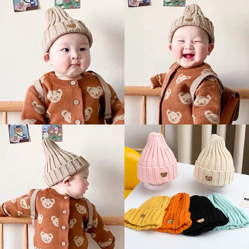 따뜻한 뜨게 단색 아기 모자, 귀여운 만화 곰 보넷, 2-5 세 어린이 비니, 유아, 겨울, 가을, 신제품