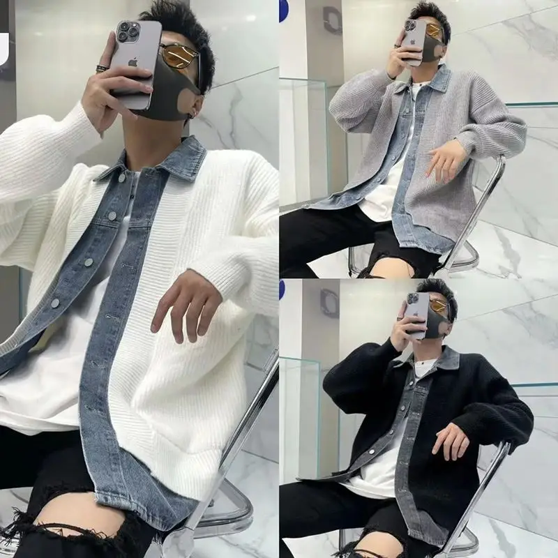 New Trendy Handsome Fake Two-piece Denim Cardigan Patchwork Sweater Knitted Jacket Men and Women Autumn and Winter Loose Sweater