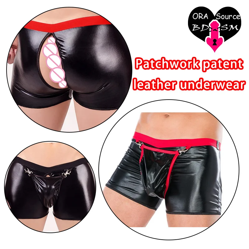 

Man Sexy Leather Open Crotch Boxers with Bulge Penis Pouch PU Gay Latex Underwear Booty Lifter Erotic Lingerie Low Waist Trunks