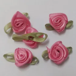 Vibrant Fabric Ribbon Rose Rosettes with Leaf - Set of 50 Flower Embellishments for DIY Crafts & Sewing Supplies (32 light rose)