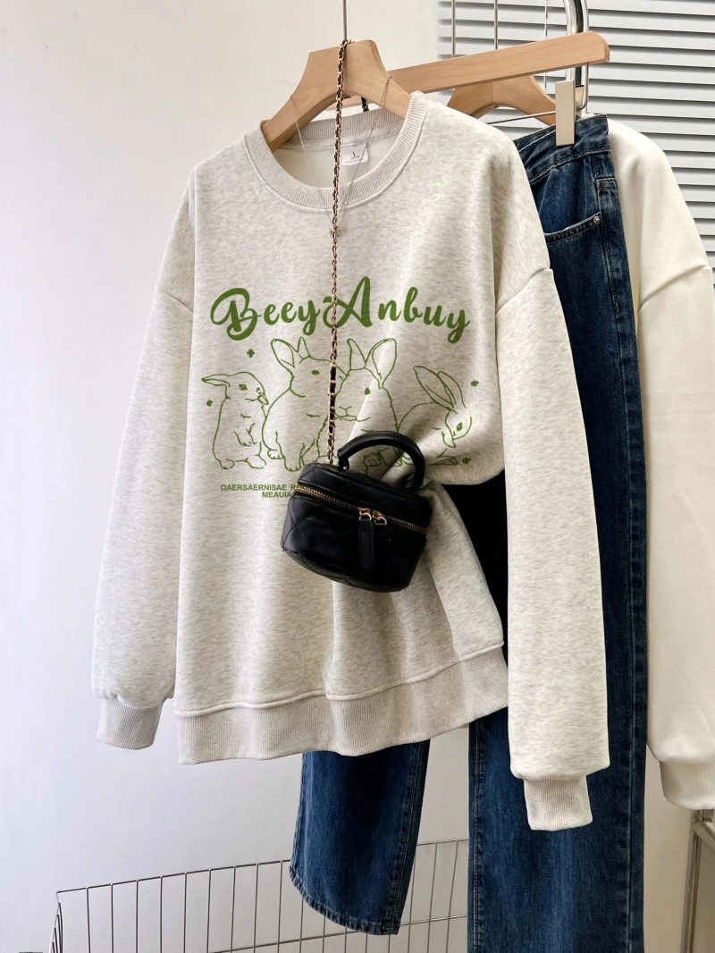 Women's Plush Cotton Sweater, Warm Top, Loose, Large, Thick, Letters, Female Clothing, Fashion, Autumn, Winter, New Design