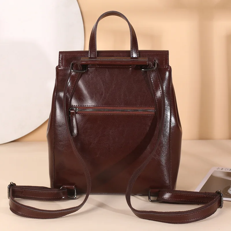 New Women 2023 Leather Backpack Fashion Pure Oil Wax Cowhide Retro Schoolbag For Teenage Gilrs Women