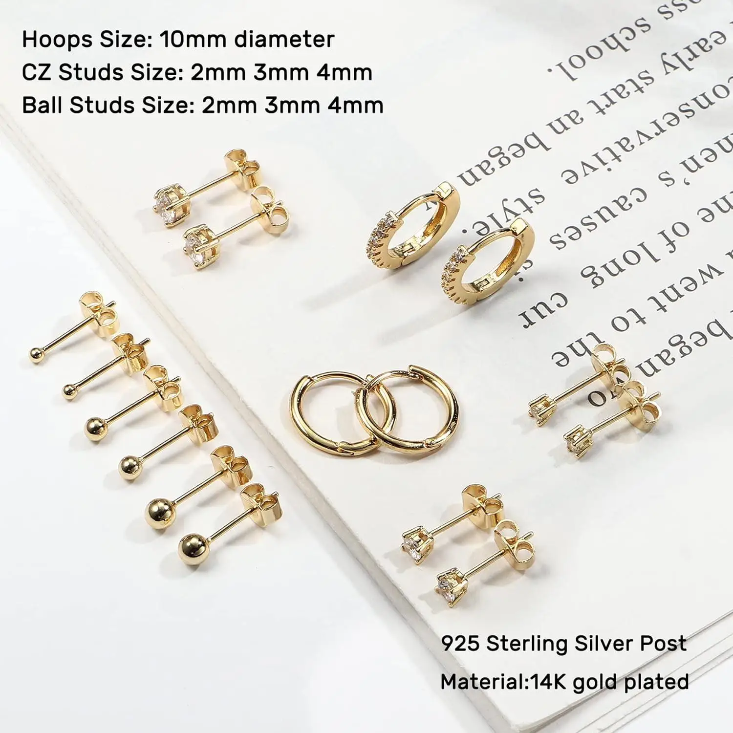 Fansilver 14K 골드 스터드 귀걸이 세트,  스터드 귀걸이, 다중 피어싱, 저알레르기, 작은 후프 스터드 귀걸이