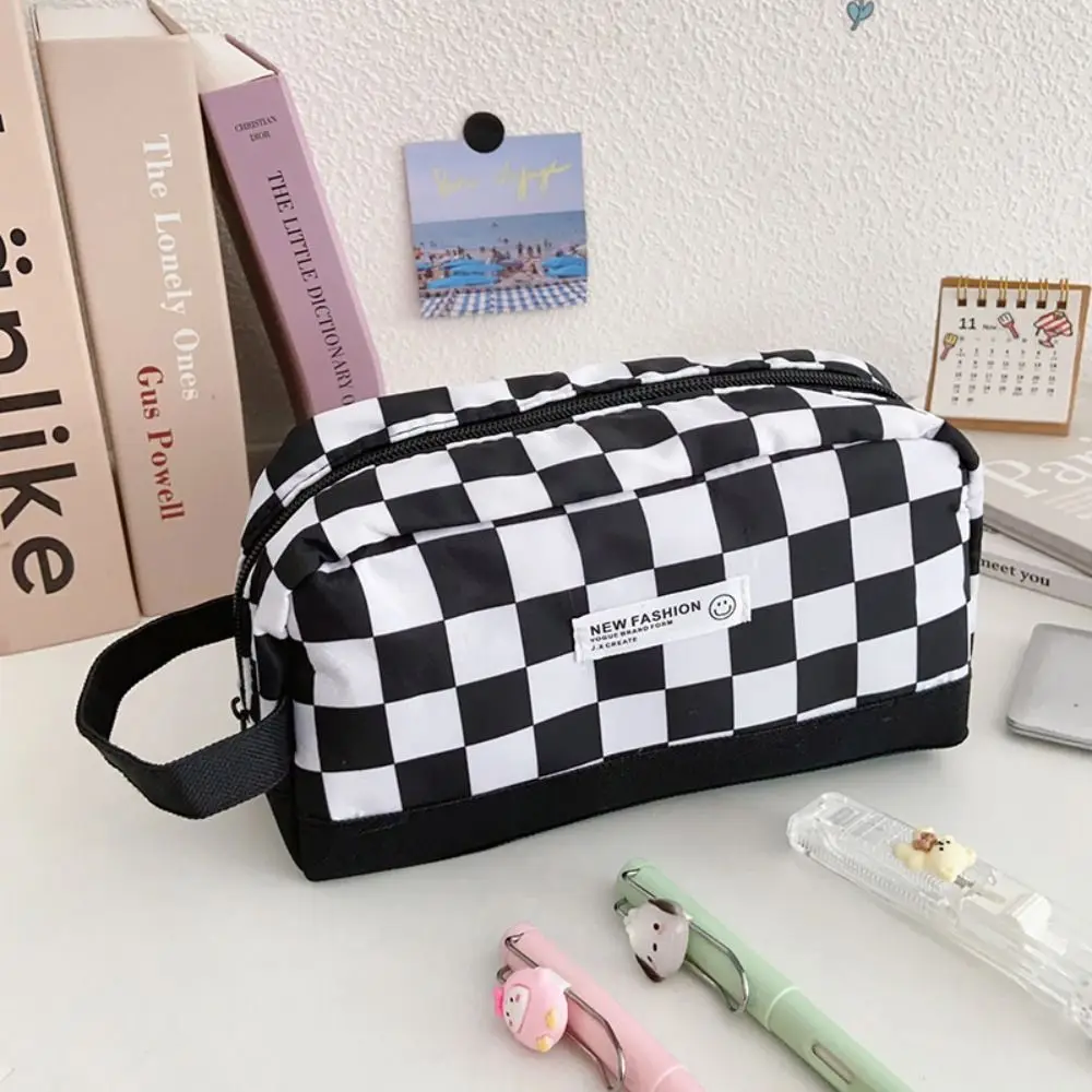 Ins Checkerboard Pencil Case Large Capacity Cloth Pen Bag Pencil Bag School Office Supplies Portable Korean Cosmetics Maekup Bag