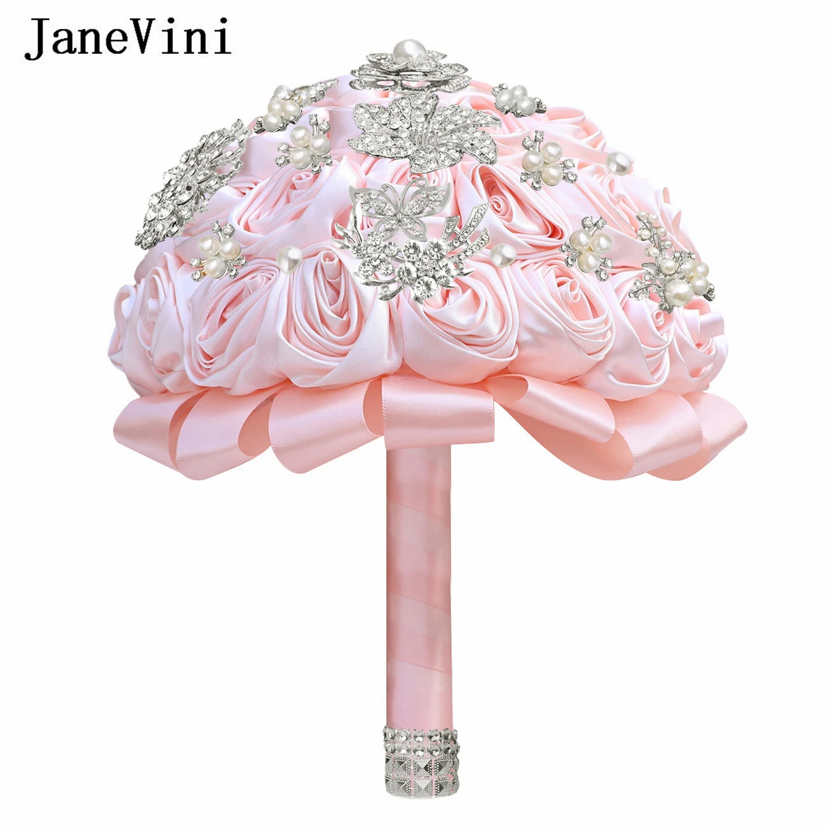 JaneVini Sage Green Silver Jewelry Bridal Wedding Bouquet Artificial Flowers Rhinestone Crystal Bouquet Bride Boeket Accessories