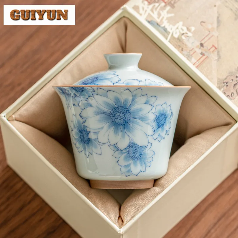 170ml Blue And White Sunny Flower Gaiwan Japanese Non Scalding Three Talented Tea Tureen Tea Making Cover Bowl Cafes Collection