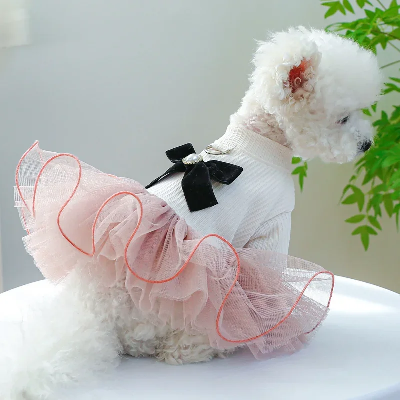 

Dogs Clothing Cat White Shirt Pink Mesh Dress Dog Clothes Elegant Party Tutu Skirt Small Spring Autumn Fashion Girl Pet Items