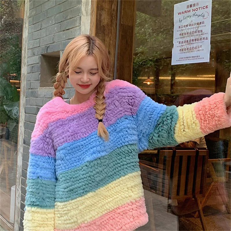 New Rainbow Striped Design Fur Coat Ladies Luxury Rex Rabbit Fur Thermal Coat High Quality Double Woven Pullover Coat fashionable new high end business pin buckle belt luxury brand design men s and women s golf stretch woven canvas belt a2888