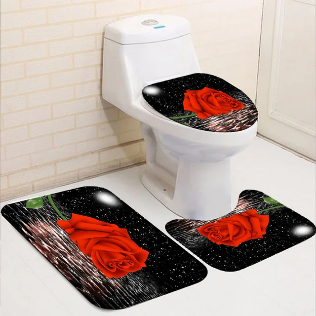 Rose Flower Shower Curtain Set Non-Slip Rugs Bath Mat Toilet Lid Cover and 12 Hooks Waterproof Polyester Bathroom Decor P-Bath Rug Mat-3Pcs