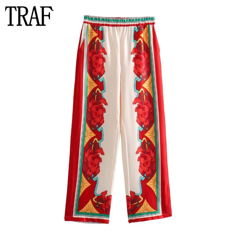 

TRAF Floral Wide Leg Pants for Women Red Pleated Baggy Pants Woman 2024 Retro High Waist Trousers Womens Streetwear Casual Pants