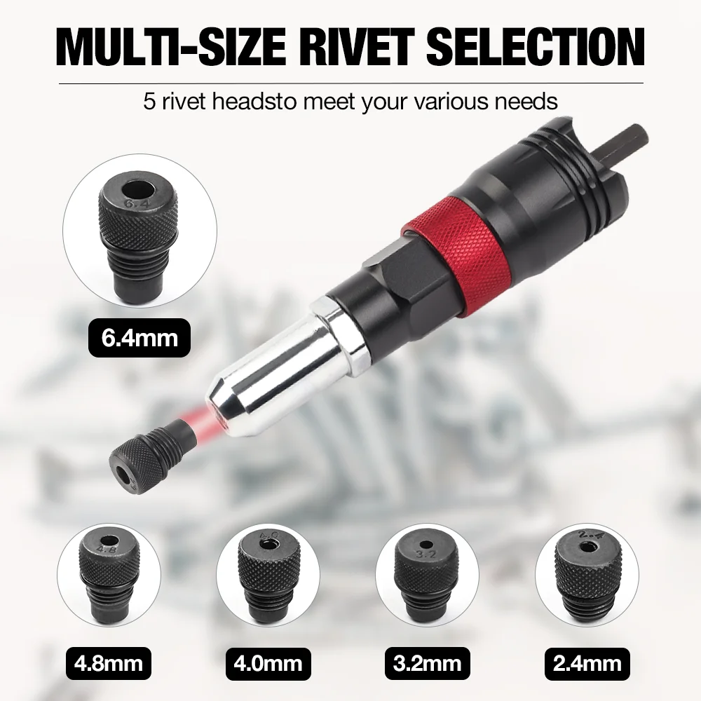Home Cordless Rivet Gun Set 2.4mm/3.2mm/4.0mm/4.8mm/6.4mm Insert Nut Riveting Tools Industrial Electric Adapter