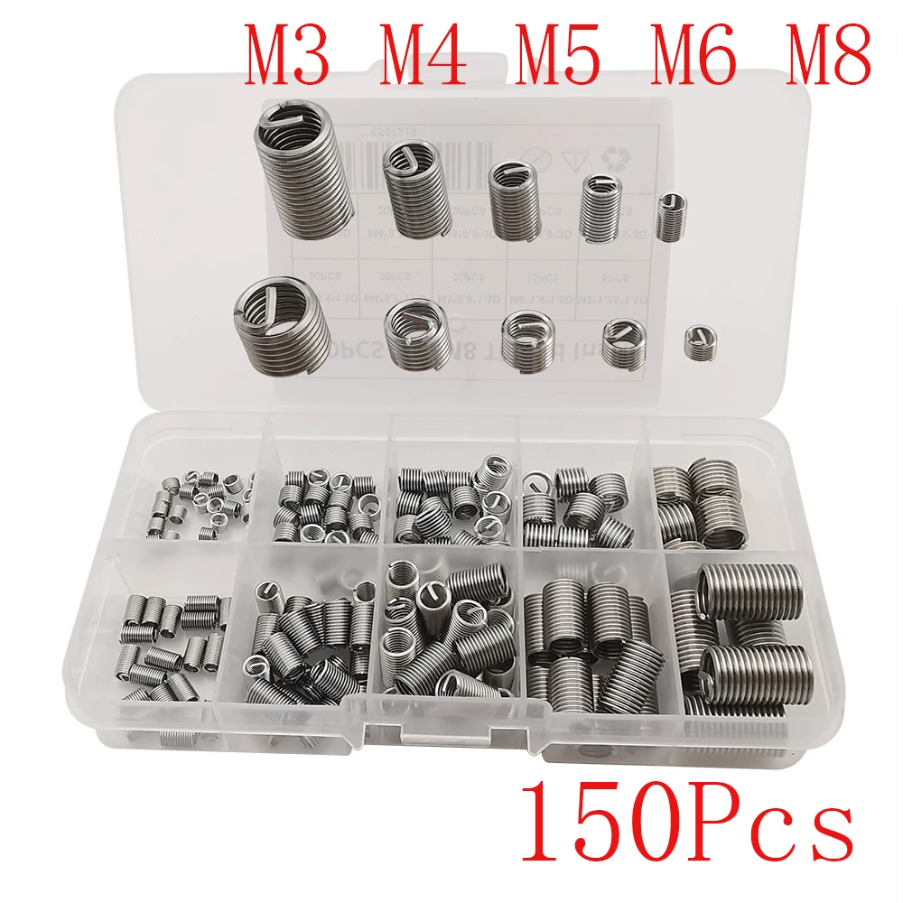Caixa m3 m4 m5 m6 m8 Porca Rebite de Conjunto Helicoil Rosca Reparação Inserção Reparação Manga Variedade Kit Aço Inoxidável 150 Peças