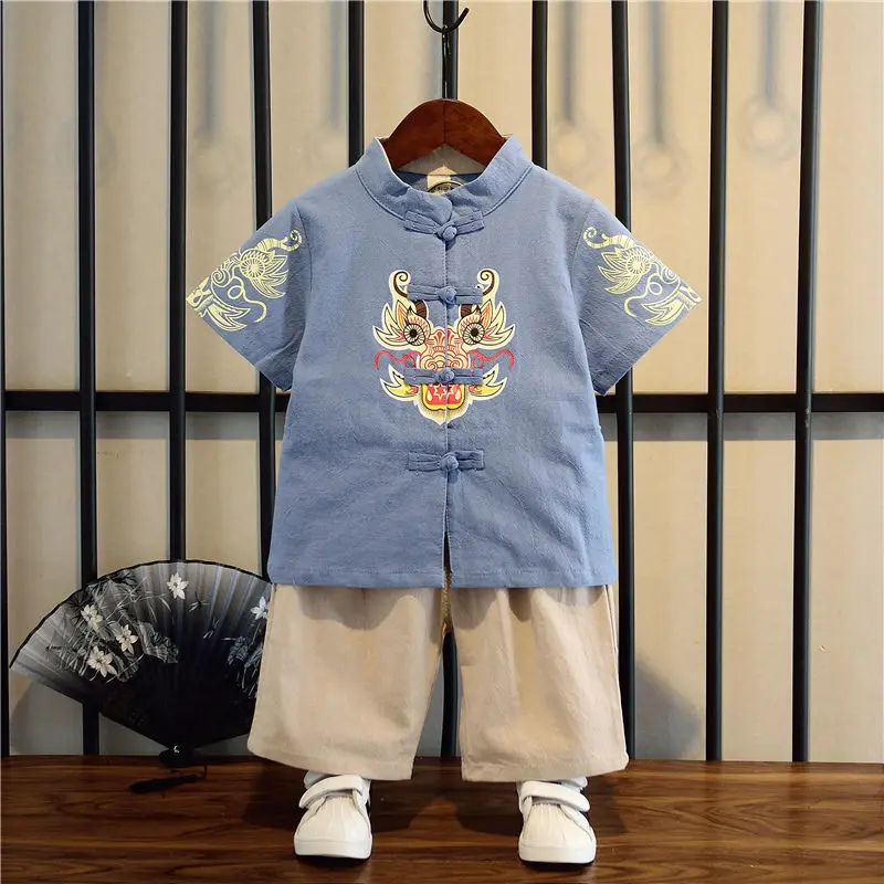 Summer Chinese Cotton Linen Tang Suit for Boy Girls Dragon Printing Short Sleeved Top Pant Set Baby Chinese New Year Clothes