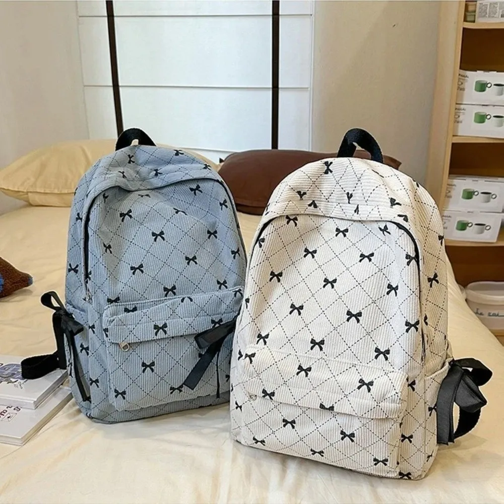 Fashion Korean Style Corduroy Backpack Large Capacity Bow Print Bow Backpack Adjustable Strap Student Schoolbag Middle School 2